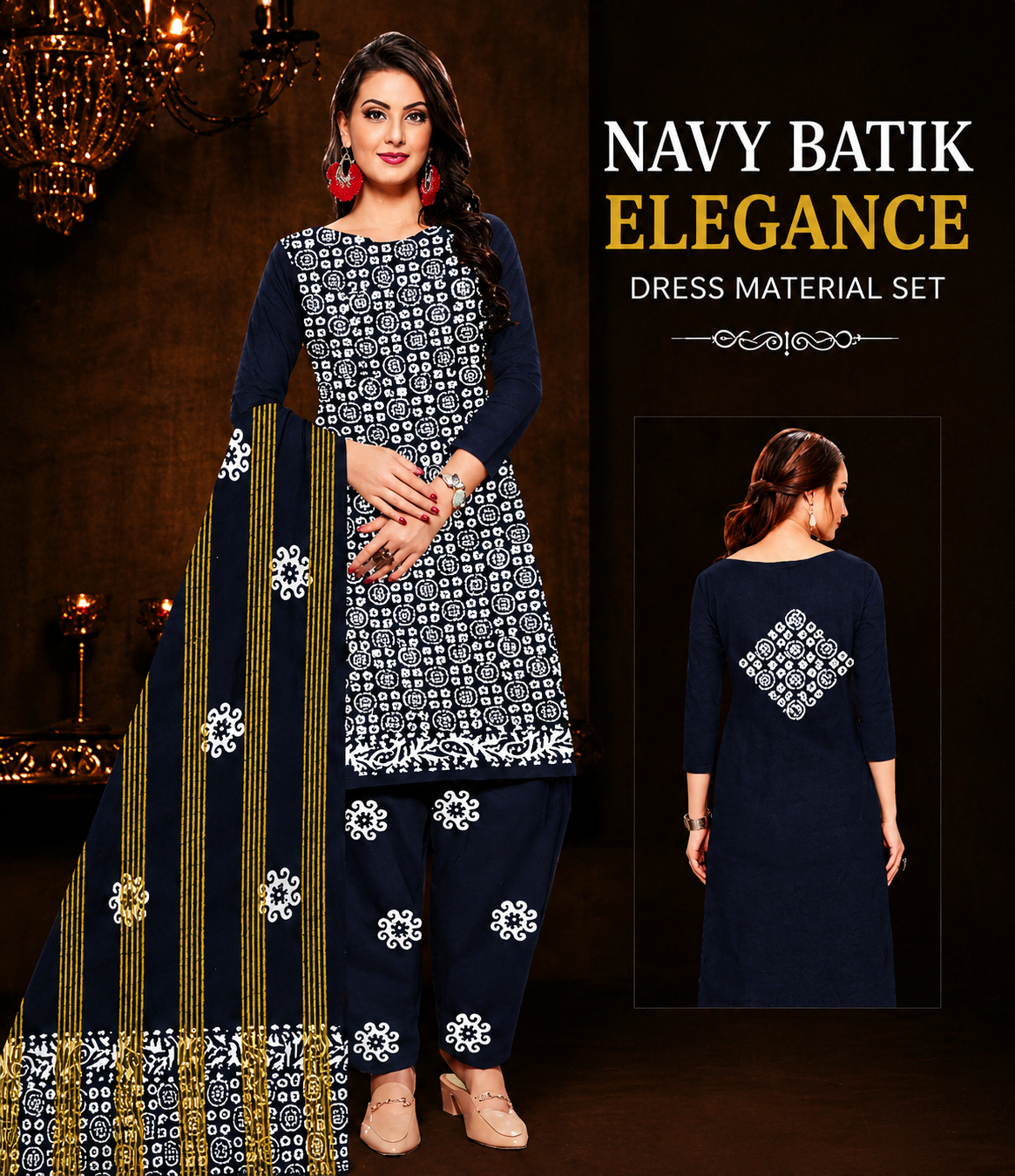 💙 Navy Batik Elegance Dress Material Set