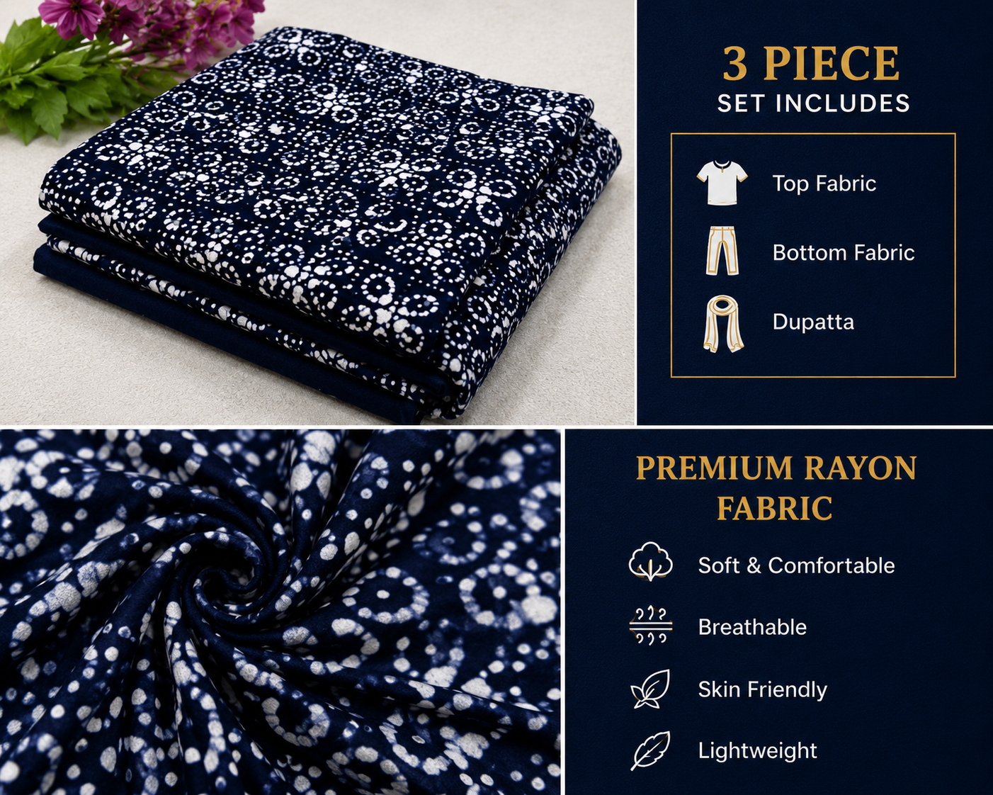 💙 Navy Batik Elegance Dress Material Set