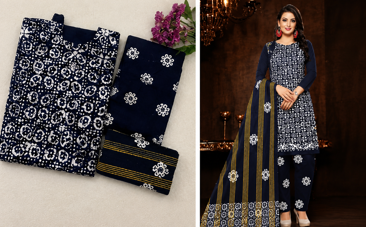 💙 Navy Batik Elegance Dress Material Set