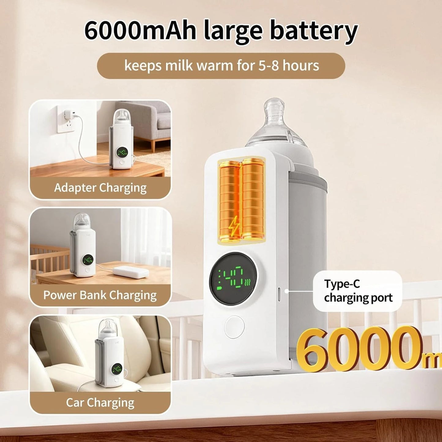 Portable Rechargeable Baby Bottle Warmer with Digital Temperature Display